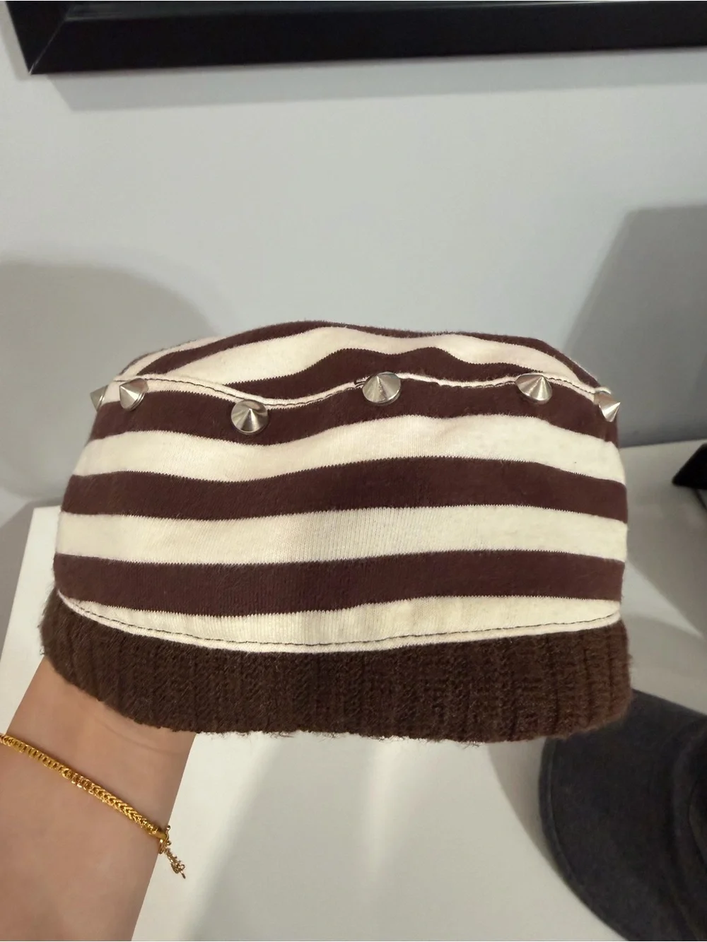 Stripe & Solid Cotton Cap Set - Brown and Gray